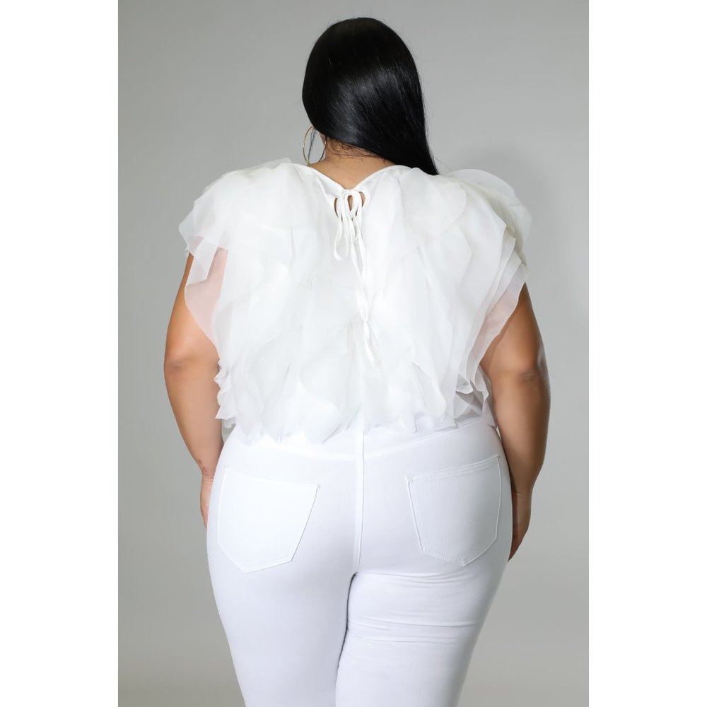 PLUS SIZE RUFFLE TULLE CROP TOP BLOUSE  WHITE - Picture 6 of 8